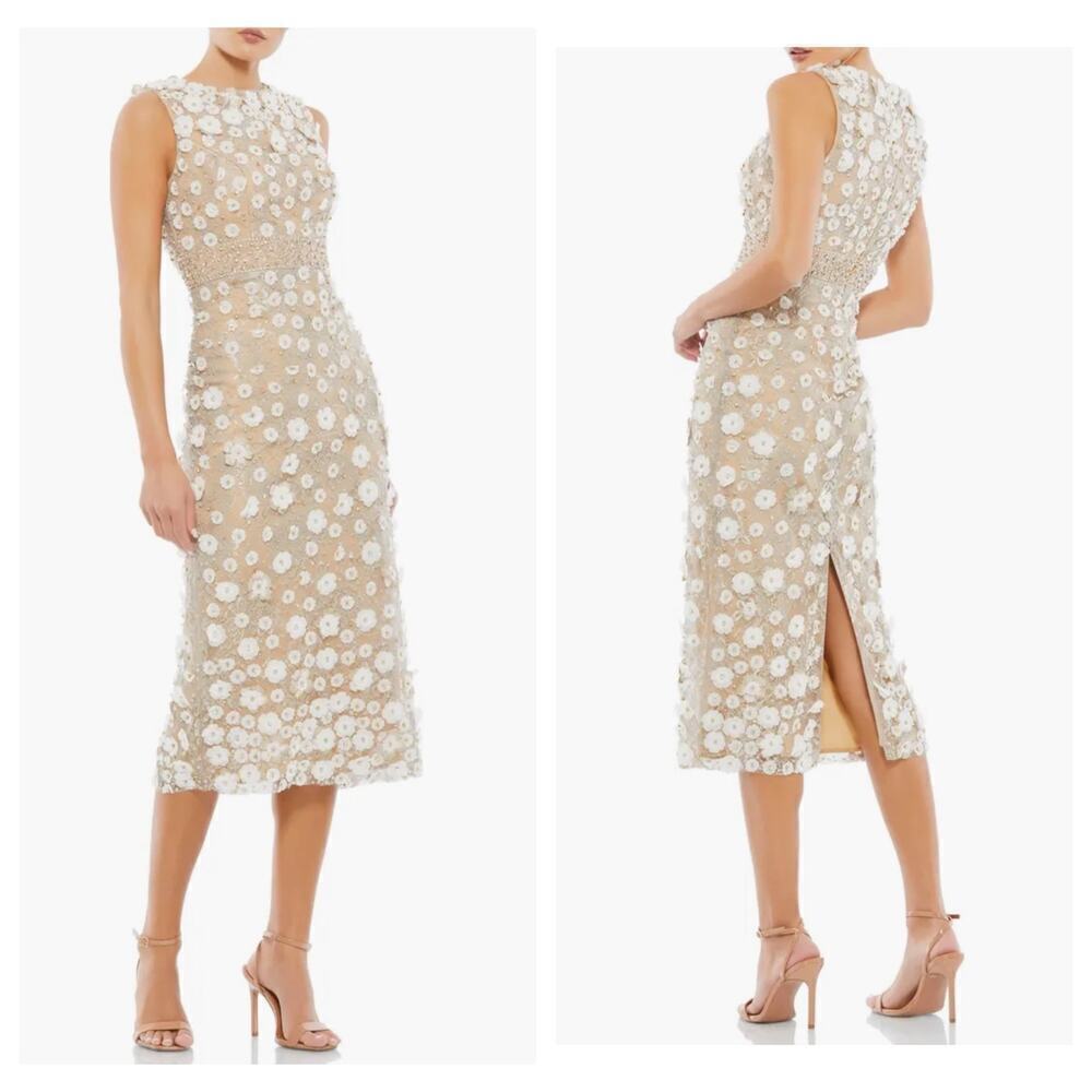 Mac Duggal Beaded Floral Appliqué Midi Sheath Formal/Prom Dress Nude Size 4 NWT